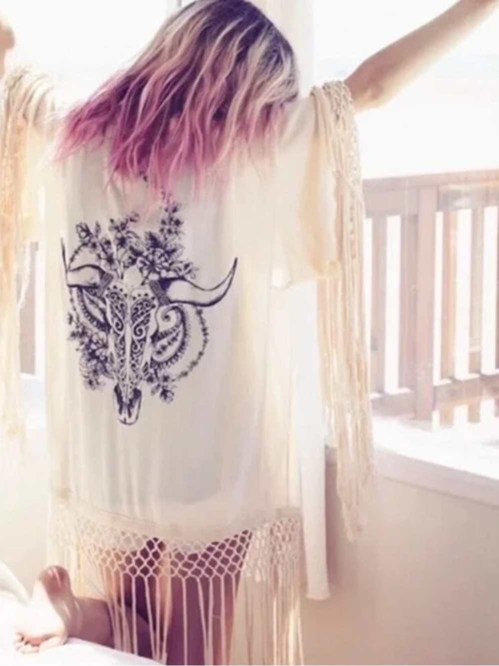Spell and the Gypsy Cream Fringe Kimono Black Bull Skull Motif Indian Summer